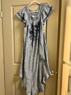 Anthropologie Kyla Seo Cotton Maxi Dress Small Boho Navy Blue Embroidered